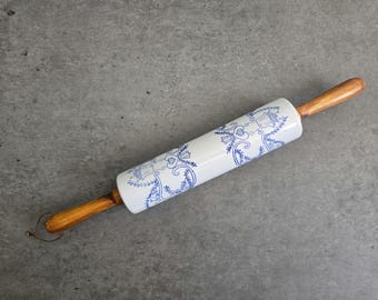 Vintage Blue Rolling with Wooded Handles - Ceramic Rolling Pin, Cottage Kitchen Wall Decor