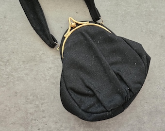 Graceline Original Purse -Vintage Black Fabric Evening Handbag with Handle and Comb, Fabric Small Clutch, Cocktail Bag Gold Metal Frame