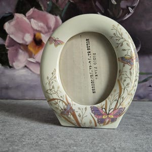 Butterfly  Photo Frame -  Vintage Ceramic Pink Flowers Picture Frame, Gold Floral Table Shelf Decor