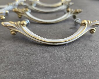 French Provincial Dresser Pulls - Gold, White Vintage Drawer Pulls Set of 8, Scroll Motif Cabinet Hardware
