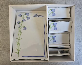 Vintage Porcelain Place Markers and Menu- Lilian Vernon Blue Bell Porcelain Set of 12 Guest Name Escort Cards