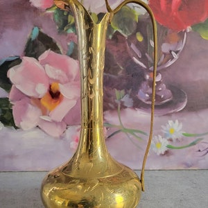 Vintage Brass Pitcher Vase with Handle and Engraved Flowers, Solid Brass Floral Vase, Mid-Century Modern Decor, MCM Brass Vase Decoration
