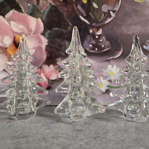 Vintage Crystal Christmas Trees Set of 3 - 1985 Clear Glass Christmas Mantle Decorations, Made in Korea