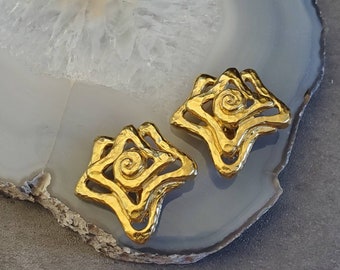 Vintage TRIFARI Earrings - Abstract Rose Spiral Design,  Textured Gold Tone, Statement Earrings, 1980's Clip on Jewelry