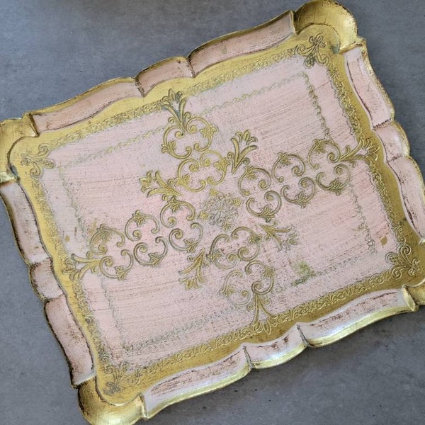 Vintage Florentine Tray - Large Gold and Pink Decorative Rectangular Platter, Wedding Photo Prop, Wedding Flat Lay Prop