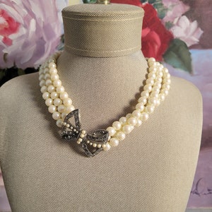Richelieu Faux Pearl Necklace with Marcasite Silver Tone Bow Pendant, Vintage Choker