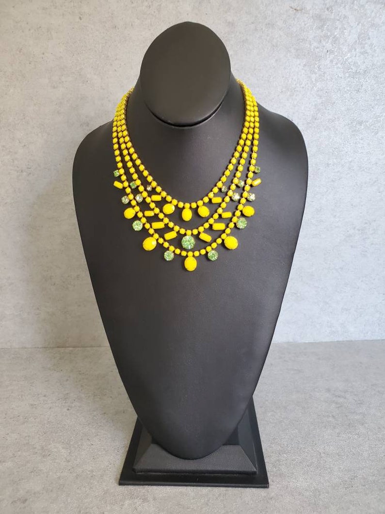 Multi-Strand Green Rhinestone Necklace Luxury Gift for Her Vintage Bib Necklace WEISS Yellow Necklace