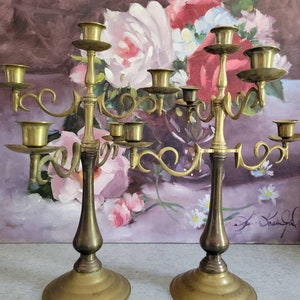 Vintage Pair of Candle Holders -  4 Arm Solid Brass  Candelabra, Ornate four Arm Brass Candelabrum, Grandmillennial Decor