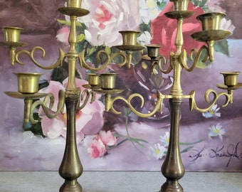 Vintage Pair of Candle Holders -  4 Arm Solid Brass  Candelabra, Ornate four Arm Brass Candelabrum, Grandmillennial Decor