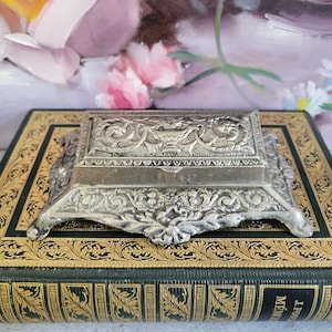 Antique Stamp Box - Ring Box, Earrings Box, Flowers and Scroll Design, Silver Tone Casket