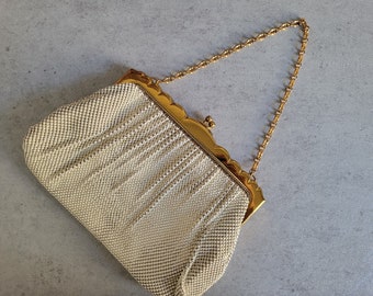 Vintage Whiting and Davis Purse - Gold White Mesh Rhinestones Formal Evening Handbag, Bridal Clutch, Present for Her