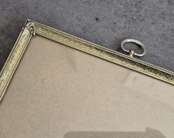 Vintage Brass Photo Frame with Top Hook - 8 x 10 Inches Gold-Tone Embossed Floral Metal Frame