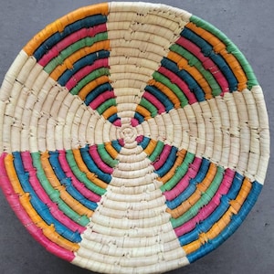Large Southwestern Basket - Multi-Color Decorative Coiled Pink, Green, Blue, Orange Woven Straw, Wall Hanging Bowl
