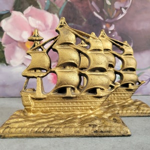 Vintage Sailboats Bookends Set of 2  -Constitution Gold-Tone Metal Nautical Bookends, Book Shelf Decor