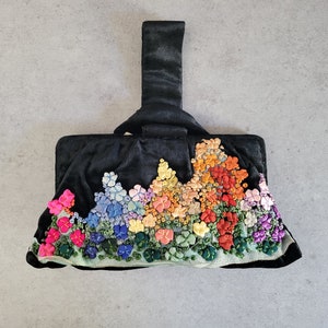 Vintage Velvet Purse with Ribbon Embroidery  -  Colorful Floral Evening Handbag Clutch, Satin Interior Purse