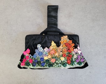 Vintage Velvet Purse with Ribbon Embroidery  -  Colorful Floral Evening Handbag Clutch, Satin Interior Purse