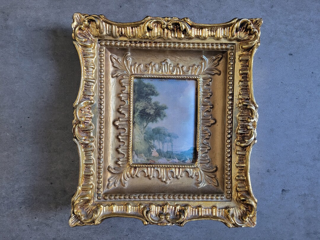 Vintage Italian Wall Art Small Baroque Gold Resin Plastic Frame, Fabric