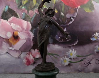 Vintage Art Nouveau Statue, Bronze Woman Figure on Green Marble Base, Music Room, Library Decor