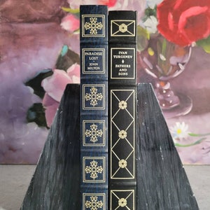 Black Marble Bookends with Lighthouse Design -  Vintage Carved Stone Bookends, Large Nautical Marble Shelf Decor