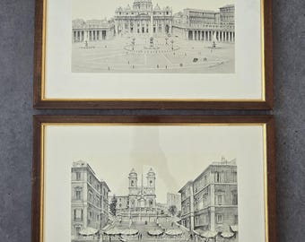 Ludovico Venuti Views of Rome Set of Two - Vintage Piazza di Spania Drawings, Brown Gold Wood Framed Drawing Prints