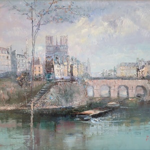 Vintage Paris Oil Painting with Wood Frame -  Large Parisian Street,  Norte Dame, Seine Art, Original Painting Signed by Artist, Cityscape