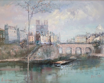 Vintage Paris Oil Painting with Wood Frame -  Large Parisian Street,  Norte Dame, Seine Art, Original Painting Signed by Artist, Cityscape