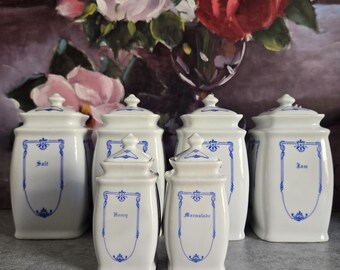 Vintage Ceramic Canisters -SMALL White and Blue  Art Nouveau Flour, Sugar, Salt, Jam, Honey, Marmalade Containers Set of 6, Cottage Decor