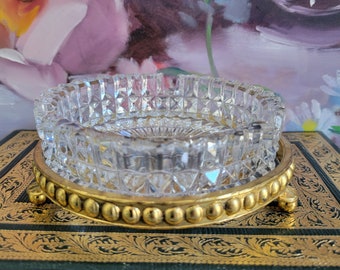 Vintage Crystal Dish - Gilt Gold Rimmed Clear Glass Bowl, Footed Catchall Dish