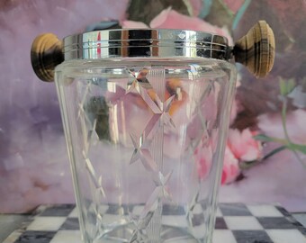 Vintage Ice Bucket - Crystal Cut Ice Bucket with Wood Handles, MCM Ornate Vase, Mid-Century Modern Vintage Barware