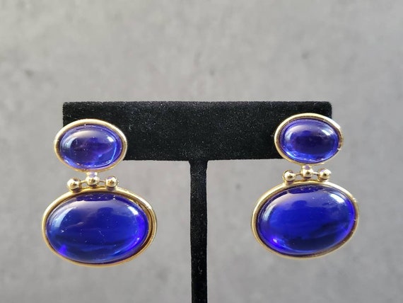 Blue Lucite Earrings - Vintage Oval Lucite Dangli… - image 1