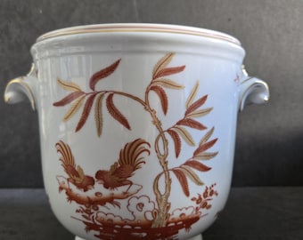 Vintage Richard Ginori Siena Rust Galli Rossi Double Handled Cachepot - Large 7" H Italian Porcelain Rooster Planter Gold Trim