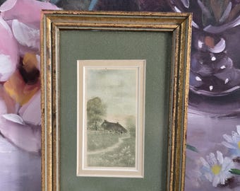 Pequeño paisaje vintage con marco de madera dorado y paspartú verde - Acuarela de casa de campo