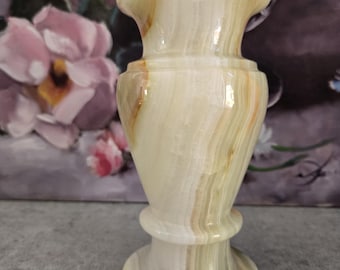 Vintage Onyx Vase - Marble Onyx Stone Decorative 7" Vase, Honey Beige Brown White Colors