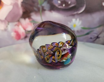 RARE! Tom Bloyd Paper weight - Vintage Glass Art Black, Purple Ribbon Swirls and Clear Paper Weight, Glass Art Signed by the Artist