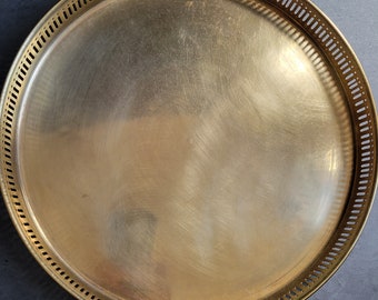 Vintage Brass Tray with Raised Border - Large Round Drinks Serving Tray, Ornate Border, Gold Platter