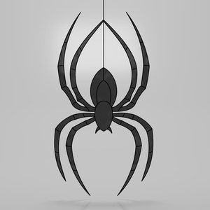 May include: A black spider silhouette hanging from a thin string against a white background.