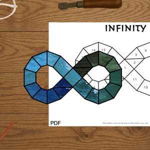 May include: An infinity symbol stained glass pattern with the word "INFINITY" printed above it. The pattern is in shades of blue and green. Tools like pliers, a tape measure, and copper tape are also visible.