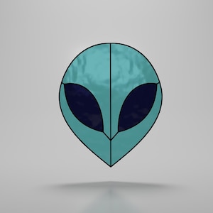 May include: A teal blue alien head with black eyes. The alien head is outlined in black.