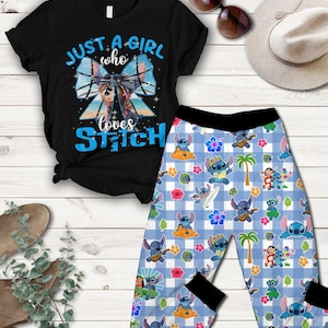 Just A Girls Stitch Pajamas Set, Lilo And Stitch Pajamas Set, Disney Trip Holiday Pajamas, Funny Stitch Tee, Cartoon Sleepwear