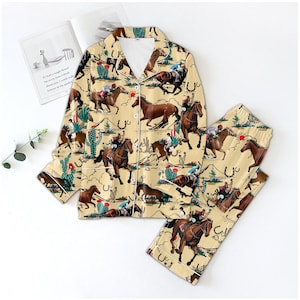 Cowboy Horse Pajama Set, Western Rodeo Print Sleepwear, Country Horse Loungewear, Cactus Desert Pajamas for Women, Rustic Nightwear