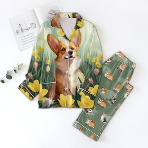 Corgi Pajama Set for Dog Lovers, Cute Puppy Sleepwear, Floral Loungewear with Tulips, Cozy Animal Print Nightwear, Gift for Pet Moms