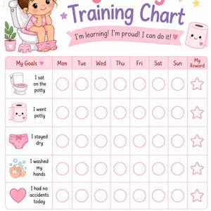 May include: A pink and white potty training chart featuring a cartoon child on a toilet, a smiling toilet paper roll, and a rainbow. The grid includes columns for days of the week and rows for goals like I sat on the potty, I went potty, I stayed dry, I washed my hands, and I had no accidents today.