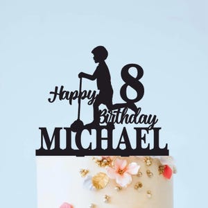 Push Scooter Birthday Cake Topper, Scooter Personalized Name Age Cake Topper, Push Scooter, Kid on Kick Scooter Birthday Cake Decoration