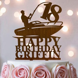 Décoration de gâteau d'anniversaire pêche personnalisée : décoration de fête de pêcheur en bateau