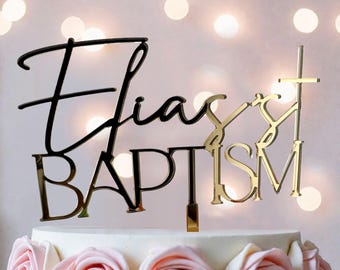 Personalized Gold Baptism Cake Topper: Custom Christening Decor