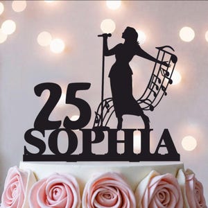 Adorno personalizado para pastel con forma de cantante: decoración para fiesta de cumpleaños con notas musicales.