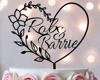Floral Heart Wedding Cake Topper, Personalized Anniversary Decoration