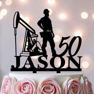 Personalized Oil Rig Birthday Cake Topper: Oilman Party Decoration