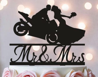 Motorcycle Wedding Cake Topper: Mr & Mrs Biker Silhouette, Black Acrylic