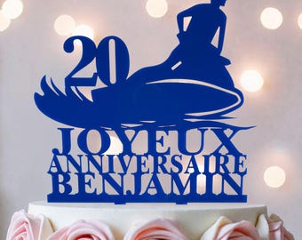 Adorno personalizado para tarta de cumpleaños con moto acuática: nombre y edad personalizados.